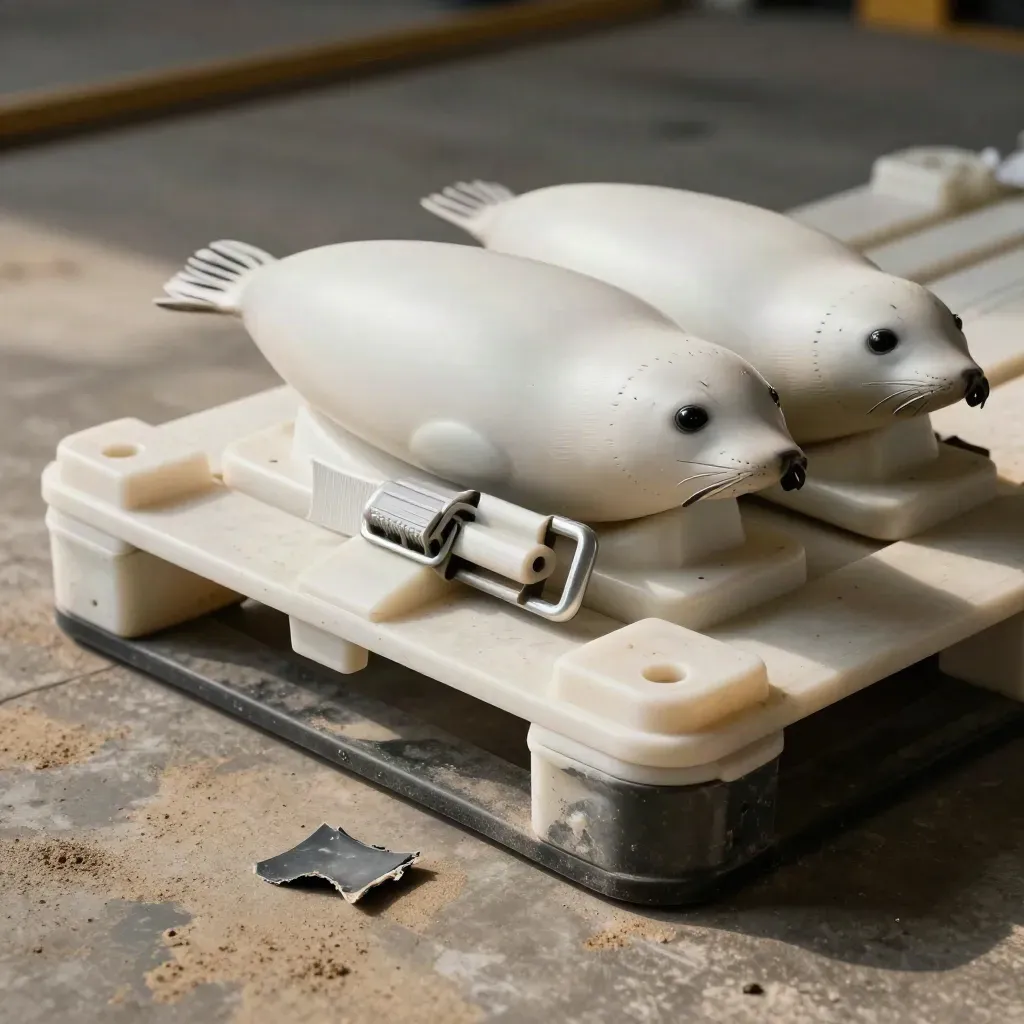 Freight seals, a ratchet buckle, pallet protectors and dock rubber on a concrete loading bay floor.