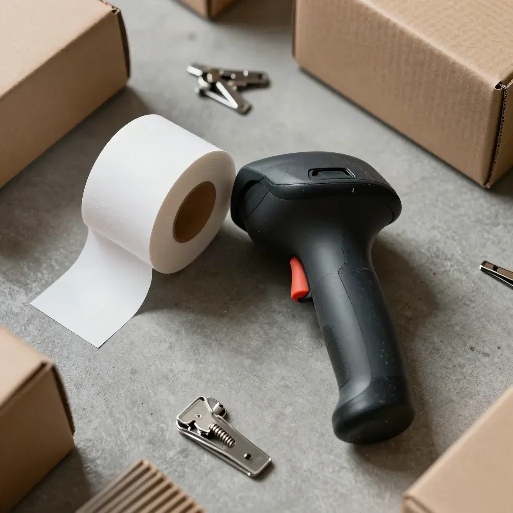 Face-down scanner, label roll and shelf clips on concrete, top-down retail stockroom still life