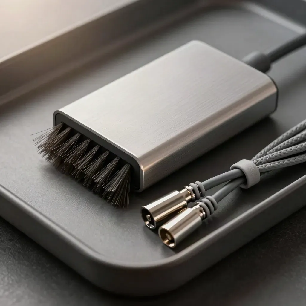 Macro of a brush skimming an external drive enclosure beside grey patch leads on a graphite tray.