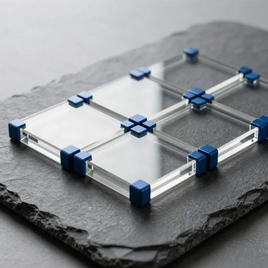 Translucent acrylic squares with spacers and corner blocks on graphite stone, lit dramatically.