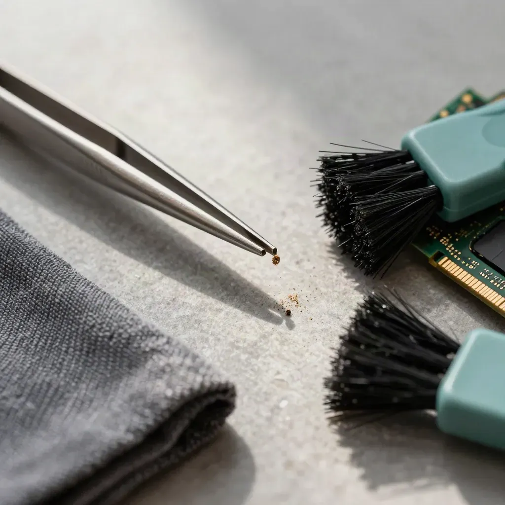 Tweezers lift dust from a memory module beside a microfiber cloth and anti-static brush.