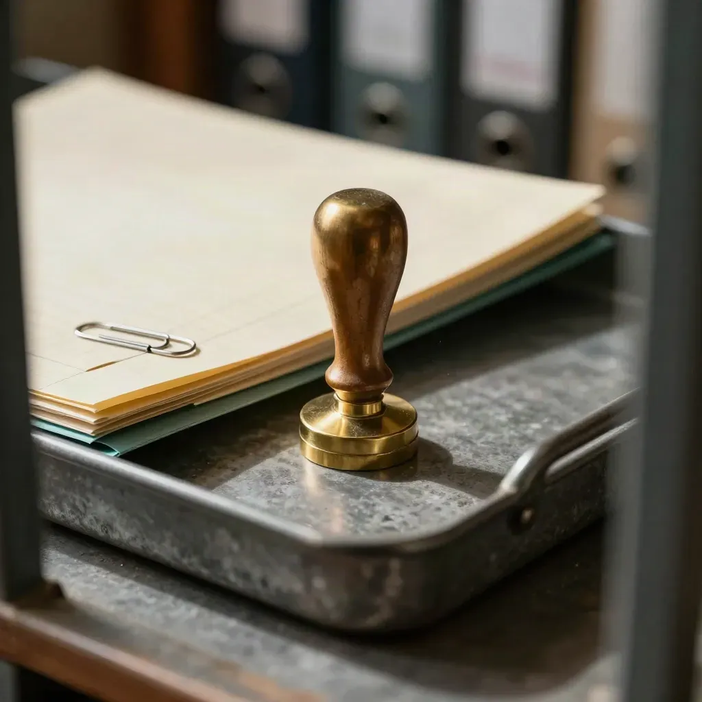 Brass stamp over metal cash tray, ledger folders and paper clips with teal accent.