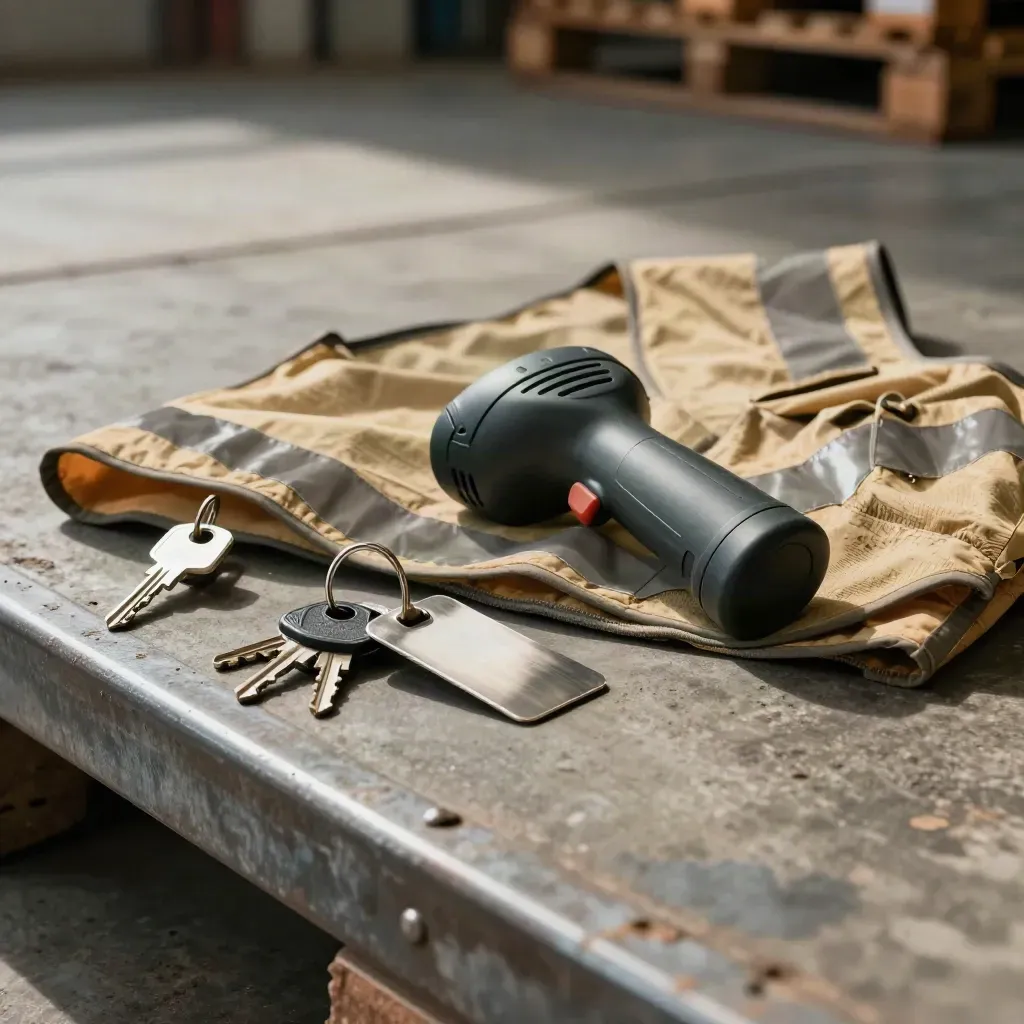 Safety vest, handheld scanner, cargo seal and dock keys on a warehouse dock in dramatic light.