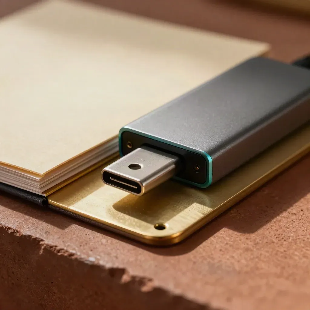 External drive syncing into a modular hub beside a brass folder on terracotta stone.