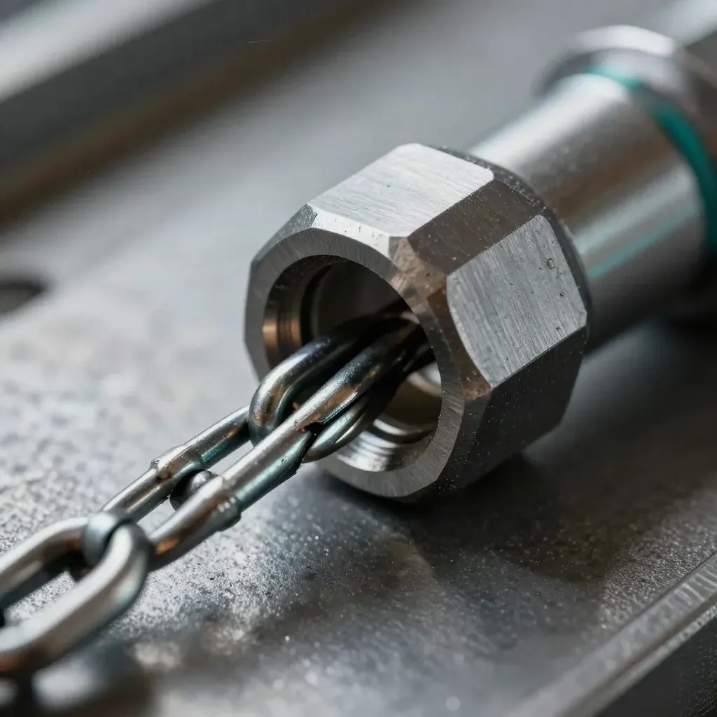 Close-up of metal connectors and chain links on a grey surface with teal accent.