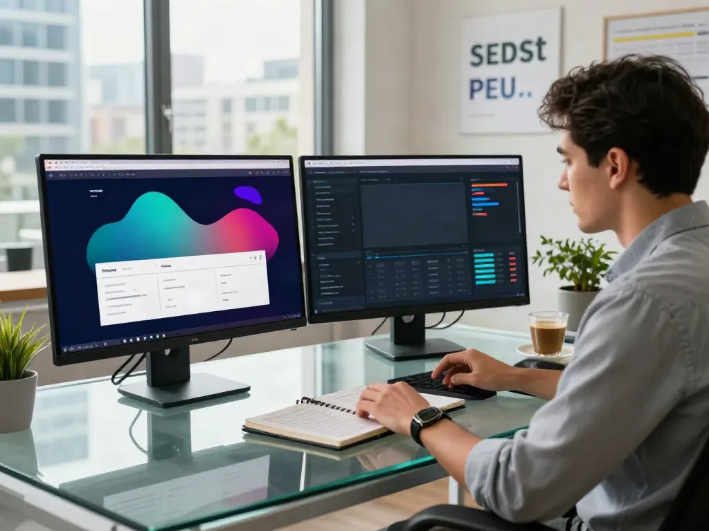 Digital marketing expert analyzing instant indexing metrics in a modern office.